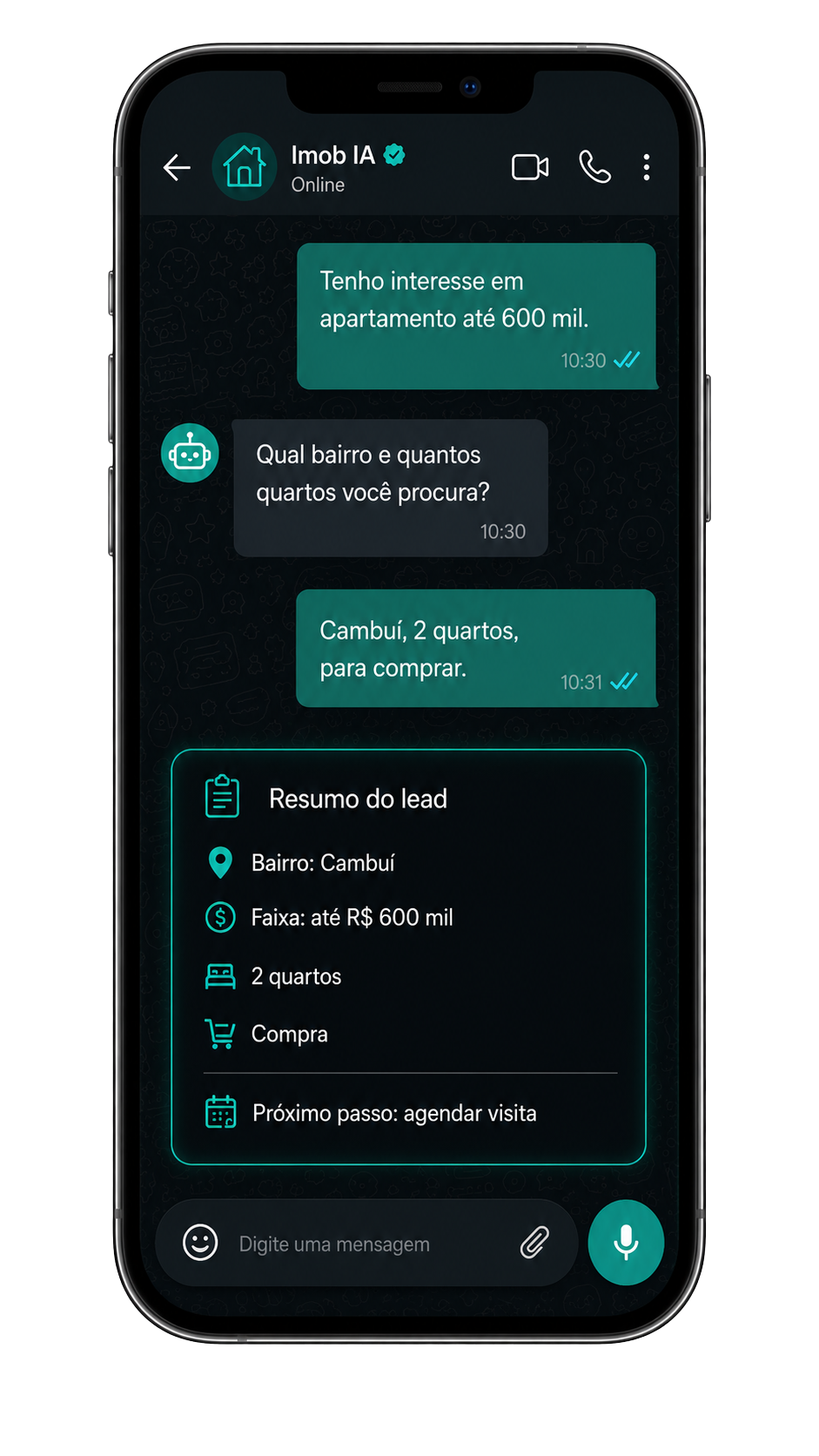 Celular mostrando conversa de WhatsApp com IA imobiliária qualificando um lead