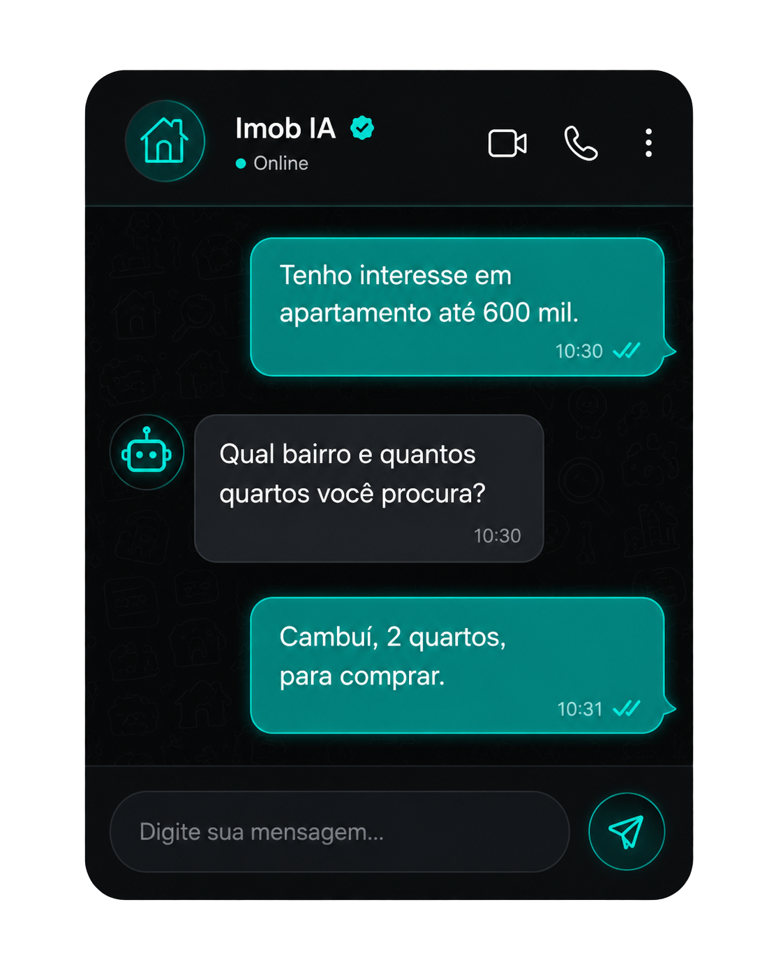 Conversa simulada no WhatsApp entre lead imobiliário e IA